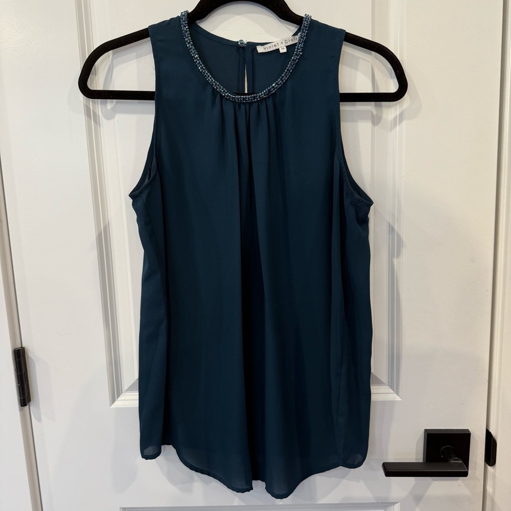 Elegant Beaded Sleeveless Teal Blouse